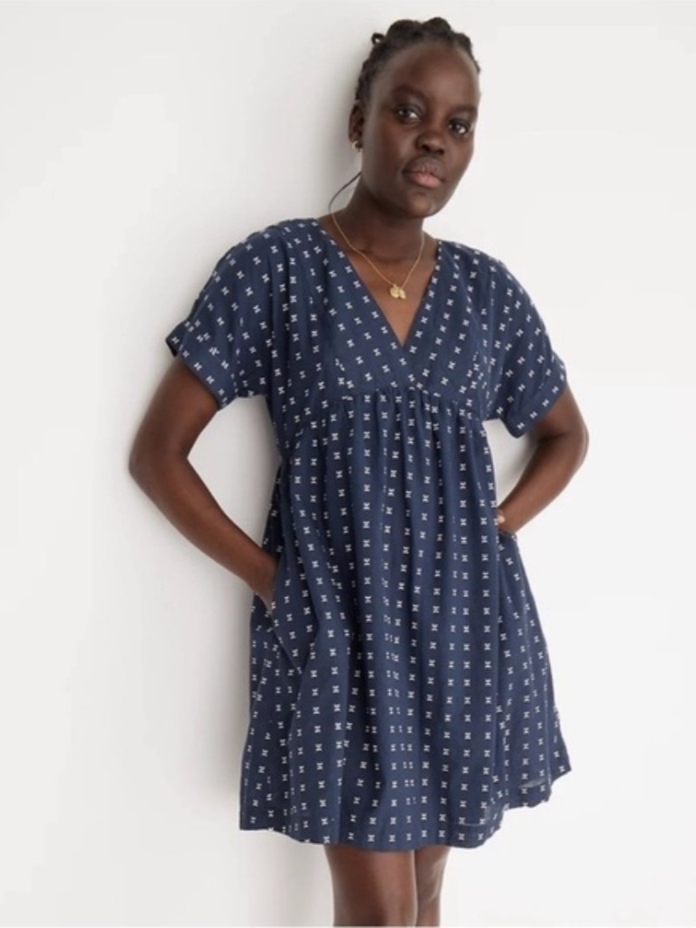 Madewell Navy Blue Dolman Dress with White Microprint Sz M